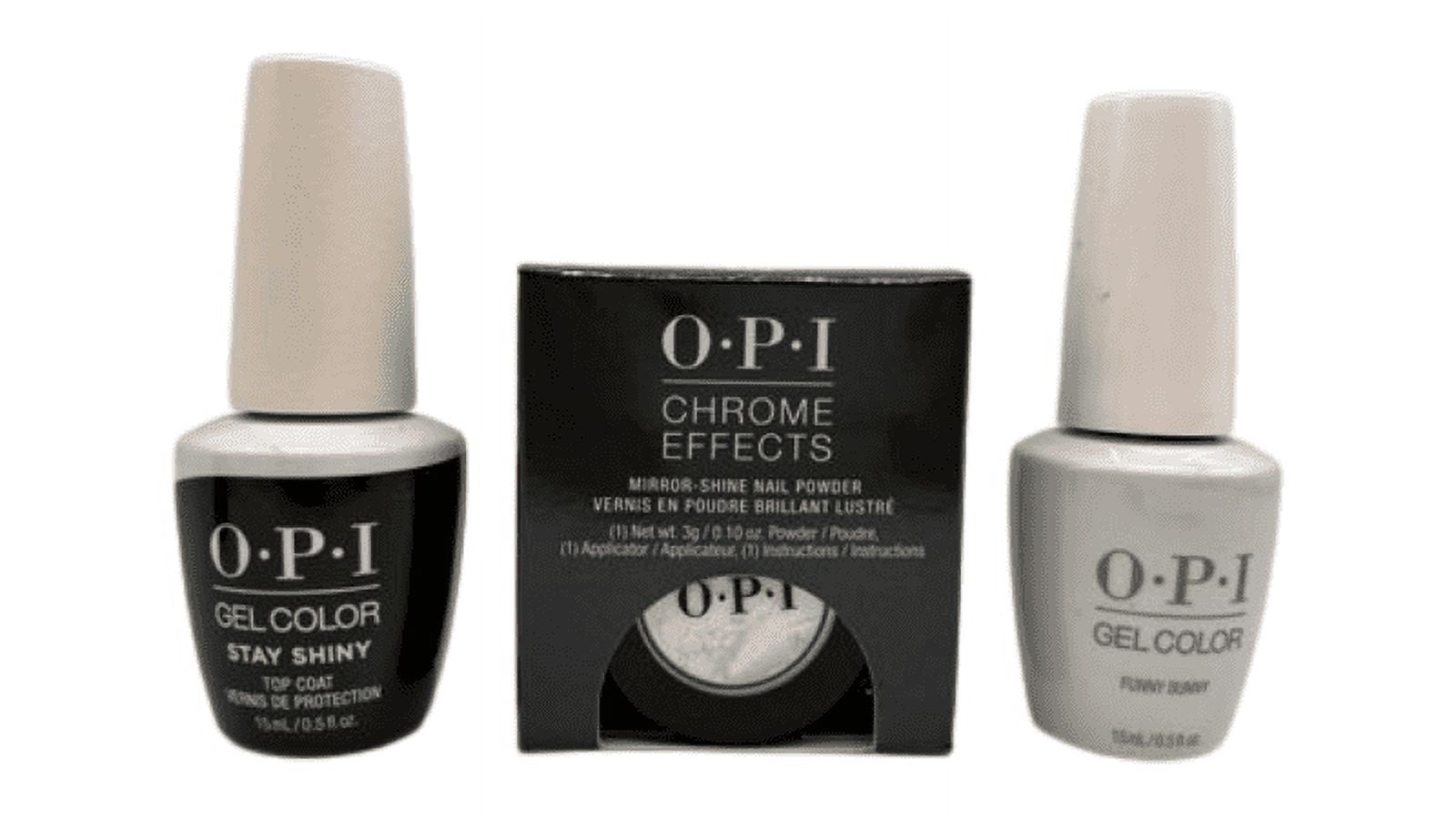 OPI Chrome Effects Tin Man Can, Gelcolor Funny Bunny, Shiny Top Coat