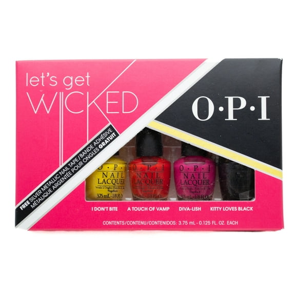 OPI Let's Get Wicked Collection with FREE Silver Mettalic Nail Tape; I Don't Bite, A Touch of Vamp, Diva Lish, Kitty Loves Black .125 fl oz each