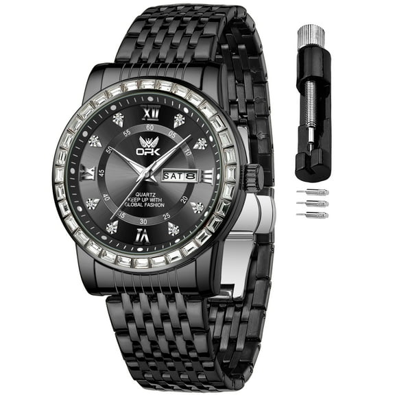 OPK Watches for Men Diamond Luxury Dress Classic Analog Big Large Face Fashion Business Stainless Steel Waterproof Elegant Quartz Analog Men Watches with Date Reloj Hombre Blakc Dial