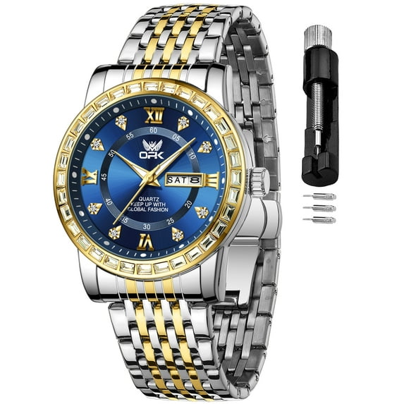 OPK Watches for Men Diamond Luxury Dress Classic Analog Big Large Face Fashion Business Stainless Steel Waterproof Elegant Quartz Analog Men Watches with Date Reloj Hombre Blue Dial