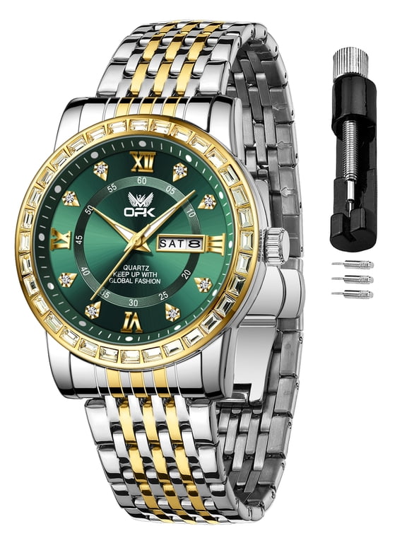 Watches for Men Diamond Luxury Dress Classic Analog Big Large Face Fashion Business Stainless Steel Waterproof Elegant Quartz Analog Men Watches with Date Reloj Hombre Green Dial