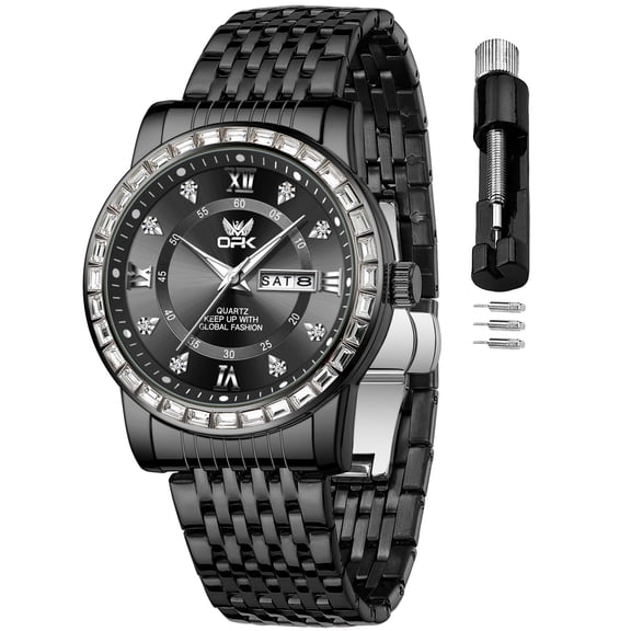 OPK Watches for Men Diamond Luxury Dress Classic Analog Big Large Face Fashion Business Stainless Steel Waterproof Elegant Quartz Analog Men Watches with Date Reloj Hombre Blakc Dial
