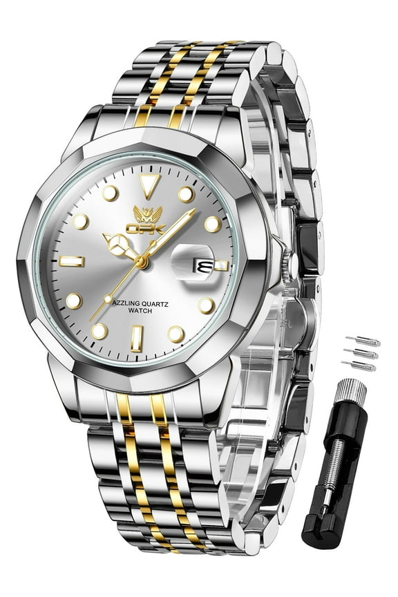 Watches for Men Stainless Steel Business Dress Luxury Big Large Face Waterproof Quartz Analog Mens Watches with Date Wrist Men Watch Reloj para Hombre (Gold/Blue/Black Dial)