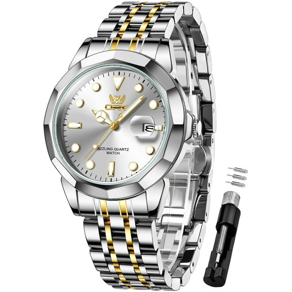 OPK Watches for Men Stainless Steel Business Dress Luxury Big Large Face Waterproof Quartz Analog Mens Watches with Date Wrist Men Watch Reloj para Hombre (Gold/Blue/Black Dial)