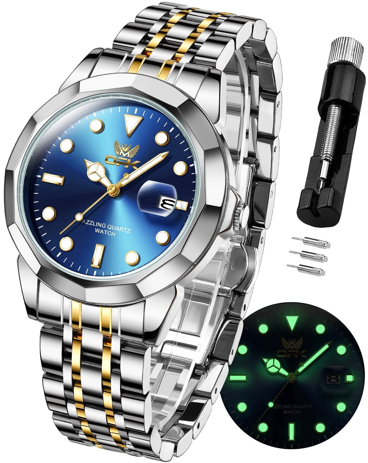 Reloj de Lujo para Hombre de Acero Inoxidable, de Negocios, Esfera Grande, Impermeable, de Cuarzo, Analógico, con Fecha, Pulsera (Esfera Dorada/Azul/Negra)