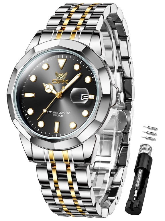 Watches for Men Stainless Steel Business Dress Luxury Big Large Face Waterproof Quartz Analog Mens Watches with Date Wrist Men Watch Reloj para Hombre (Gold/Blue/Black Dial)