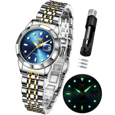 OPK Watches for Women Stainless Steel Fashion Dress Luxury Big Large Face Waterproof Quartz Analog Female Watches with Date Ladies Watch Reloj para Mujer (Gold/Blue/Black Dial)