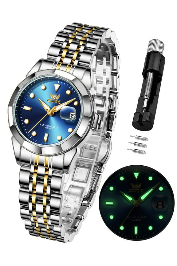Watches for Women Stainless Steel Fashion Dress Luxury Big Large Face Waterproof Quartz Analog Female Watches with Date Ladies Watch Reloj para Mujer (Gold/Blue/Black Dial)
