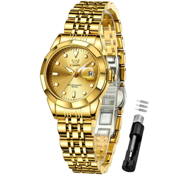 OPK Watches for Women Stainless Steel Fashion Dress Luxury Big Large Face Waterproof Quartz Analog Female Watches with Date Ladies Watch Reloj para Mujer (Gold/Blue/Black Dial)