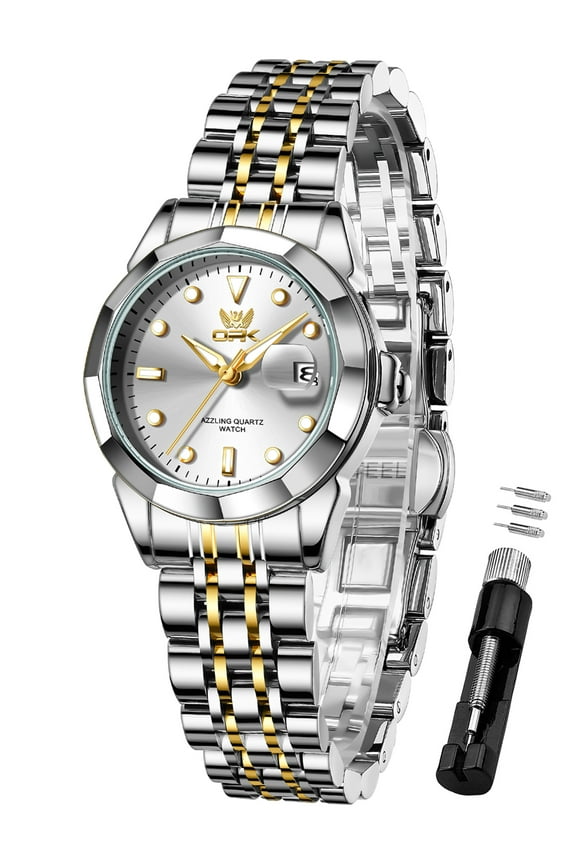 Watches for Women Stainless Steel Fashion Dress Luxury Big Large Face Waterproof Quartz Analog Female Watches with Date Ladies Watch Reloj para Mujer (Gold/Blue/Black Dial)