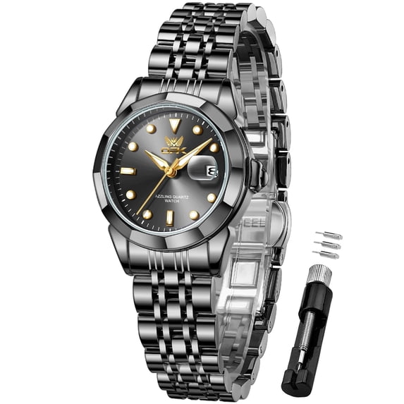 OPK Watches for Women Stainless Steel Fashion Dress Luxury Big Large Face Waterproof Quartz Analog Female Watches with Date Ladies Watch Reloj para Mujer (Gold/Blue/Black Dial)