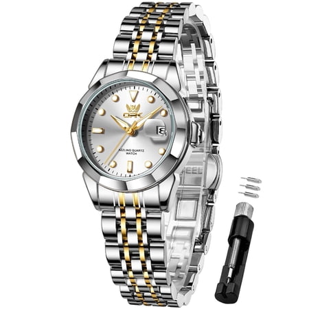 OPK Watches for Women Stainless Steel Fashion Dress Luxury Big Large Face Waterproof Quartz Analog Female Watches with Date Ladies Watch Reloj para Mujer (Gold/Blue/Black Dial)