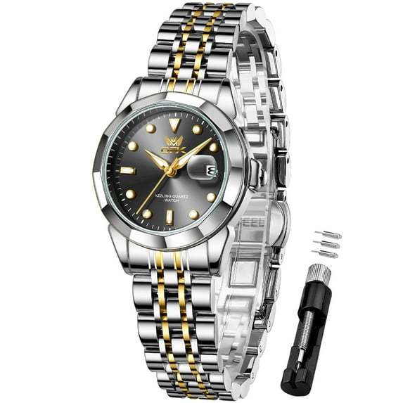 OPK Watches for Women Stainless Steel Fashion Dress Luxury Big Large Face Waterproof Quartz Analog Female Watches with Date Ladies Watch Reloj para Mujer (Gold/Blue/Black Dial)