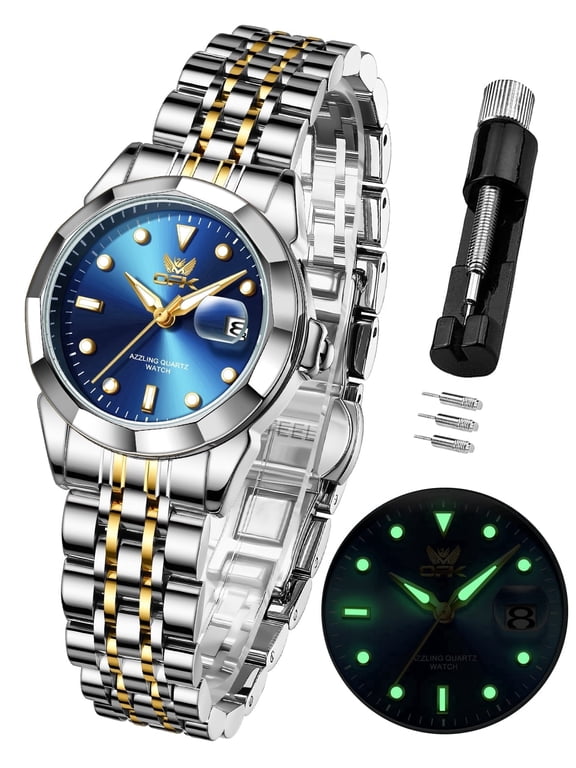 Watches for Women Stainless Steel Fashion Dress Luxury Big Large Face Waterproof Quartz Analog Female Watches with Date Ladies Watch Reloj para Mujer (Gold/Blue/Black Dial)