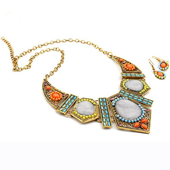 OPLSKI Colorful Hollow Statement Chain Choker Necklace Hook Earrings Set Multicolor