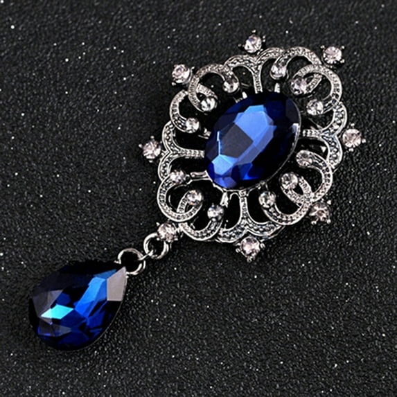OPLSKI Luxury Rhinestone Alloy Brooch Pin Large Waterdrop Pendent Sapphire Blue