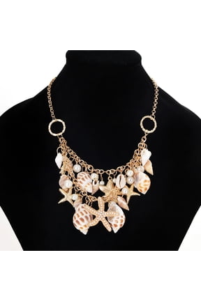 Ocean Sea Shell Faux Pearl Starfish Layered Necklace Golden Tone