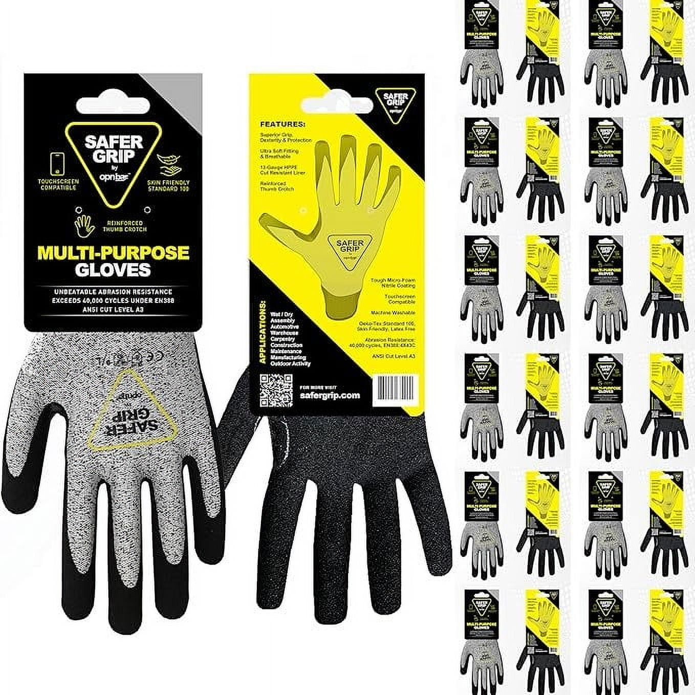 OPNBar Nitrile Coated Work Gloves - Touchscreen Compatible, A3 Cut Resistant, Reinforced Thumb Crotch, Safer Grip for Work (A3 XL, 12 Pair)