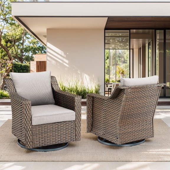 OPOHORO 2-Piece Patio Swivel Chair Set, Weather-Resistant Brown PE Wicker Rocking Swivel Glider Chairs with Beige Cushions & Steel Frame, Perfect for Porch, Balcony