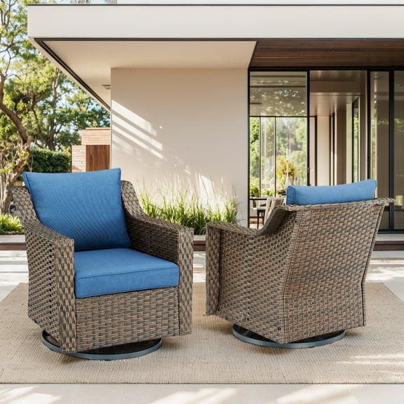 OPOHORO 2-Piece Patio Swivel Chair Set, Weather-Resistant Brown PE Wicker Rocking Swivel Glider Chairs with Blue Cushions & Steel Frame, Perfect for Porch, Balcony