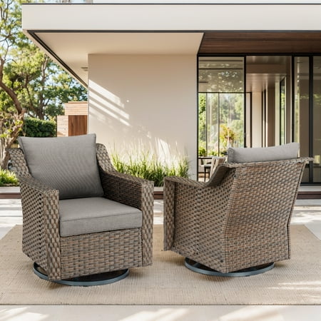 OPOHORO 2-Piece Patio Swivel Chair Set, Weather-Resistant Brown PE Wicker Rocking Swivel Glider Chairs with Gray Cushions & Steel Frame, Perfect for Porch, Balcony