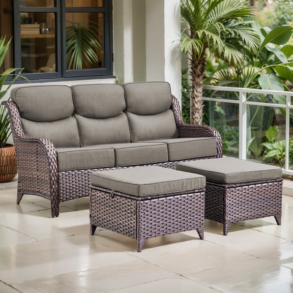 Opohoro 3 Pieces Weather Resistant Rattan Outdoor Patio Sofa with 2 Ottomans, All Weather Wicker Furniture Patio 3-Seat Couch for Patio Backyard Porch, Brown Wicker Gray Cushion