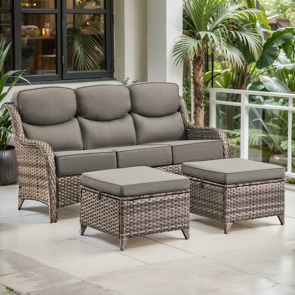 Opohoro 3 Pieces Weather Resistant Rattan Outdoor Patio Sofa with 2 Ottomans, All Weather Wicker Furniture Patio 3-Seat Couch for Patio Backyard Porch, Gray Wicker Gray Cushion