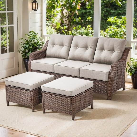 OPOHORO 3 Pieces Weather Resistant Rattan Outdoor Patio Sofa with 6" Thick Cushions and Ottomans, All Weather Brown Wicker Furniture Patio 3-Seat Couch for Patio Backyard Porch, Beige