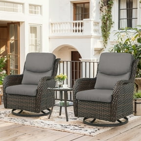 OPOHORO 3PCS Outdoor Swivel Chair Set with 2-Tier Side Table, All Weather Brown Wicker Rattan Oversized High Back Patio Chairs with Patio End Table for Porch Garden Balcony - Gray