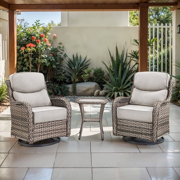 Opohoro Outdoor Swivel Rocker Patio Chairs with 6 inch Thick Cushions, High Back Wicker Outdoor Swivel Chairs with Table, Patio Swivel Glider Chairs for Porch Garden Balcony