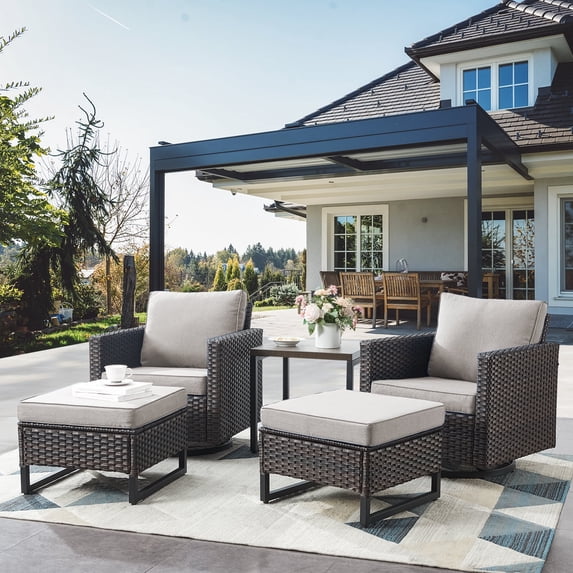 Opohoro 5 Pieces Patio Furniture Set, Outdoor Conversation Set with Swivel Rocking Chairs, Side Table & Ottomans, Brown Wicker with Beige Cushions
