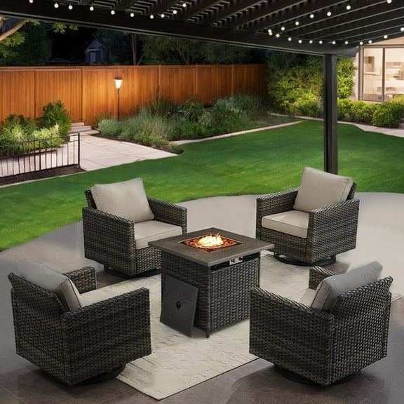 OPOHORO 5 Pieces Patio Furniture Set with 30" Propane Fire Pit Table, Patio Swivel Rocking Glider Chairs Set of 4 with Gray Wicker and Square Propane Firepit for Garden Balcony Porch - Gray/Beige