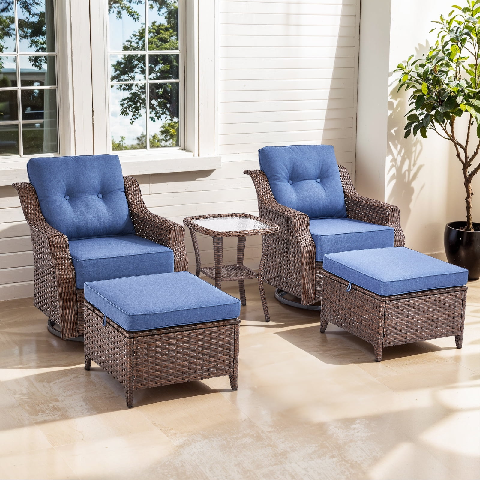 OPOHORO 5 Pieces Patio Furniture Set with 6-Inch Thick Cushions, Outdoor Swivel Patio Chairs Set of 2 with Ottoman and Side Table, Wicker Bistro Set for Porch Deck - Blue