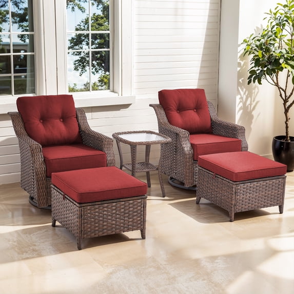 OPOHORO 5 Pieces Patio Furniture Set with 6-Inch Thick Cushions, Outdoor Swivel Patio Chairs Set of 2 with Ottoman and Side Table, Wicker Bistro Set for Porch Deck - Red