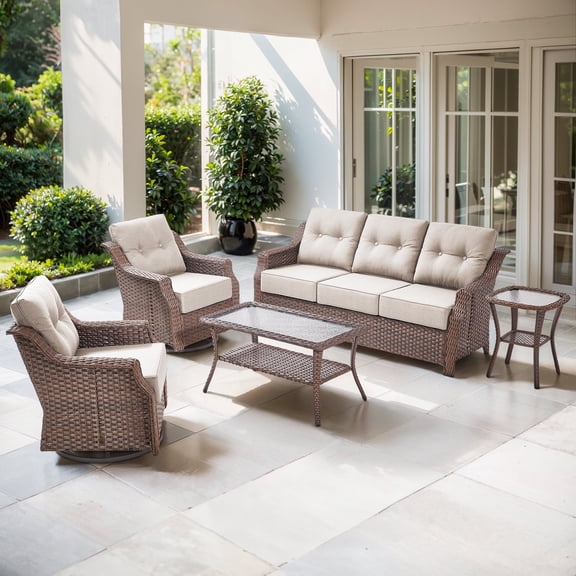 OPOHORO 5 Pieces Patio Furniture Set with 6" Thick Cushions, Outdoor Rattan Sofa with Coffee Table, Swivel Patio Chairs with Side Table, Weather Resistant Wicker Set for Patio Backyard Porch, Beige
