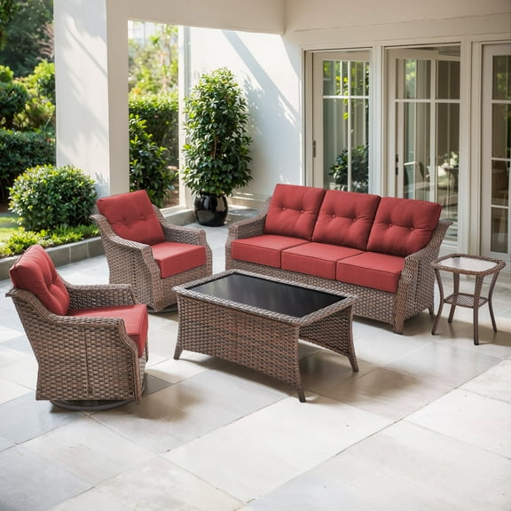 OPOHORO 5 Pieces Patio Furniture Set with 6" Thick Cushions, Outdoor Rattan Sofa, Swivel Patio Chairs with Side Table and Coffee Table, Weather Resistant Wicker Set for Patio Backyard Porch, Red