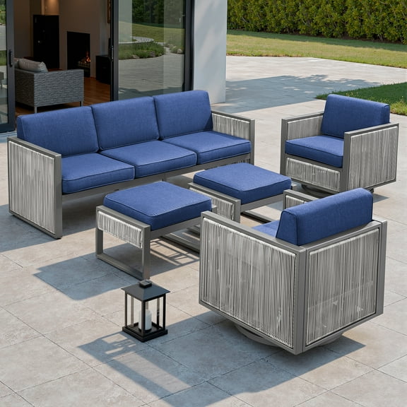 OPOHORO 5 Pieces Patio Furniture Set - All-Weather Light Gray Wicker Outdoor Patio Sofa with Swivel Rocking Glider Chairs and Ottomans