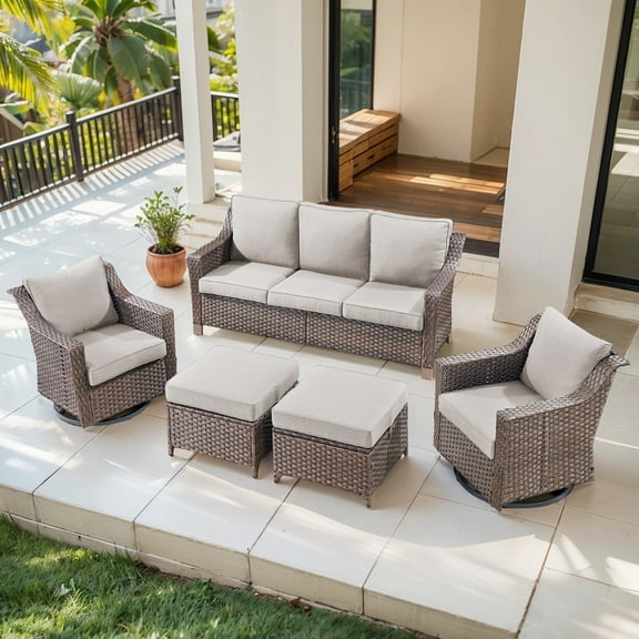 OPOHORO 5 Pieces Patio Furniture Set, Brown Wicker Rattan Outdoor Conversation Set with Outdoor Couch Swivel Chair and Ottoman, Outside Furniture Set for Porch Balcony Garden in Beige