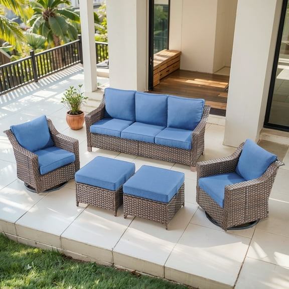 OPOHORO 5 Pieces Patio Furniture Set, Brown Wicker Rattan Outdoor Conversation Set with Outdoor Couch Swivel Chair and Ottoman, Outside Furniture Set for Porch Balcony Garden in Blue