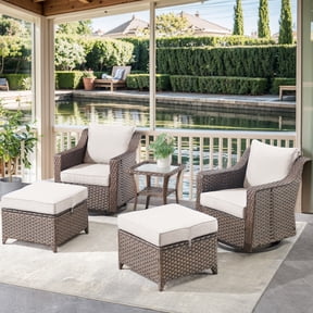 OPOHORO 5 Pieces Patio Furniture Set, Brown Wicker Rattan Outdoor Conversation Set with Patio Swivel Chair Ottoman and Side Table, Bistro Furniture Set for Porch Balcony Garden in Beige