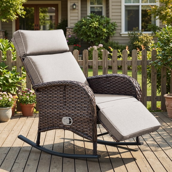 OPOHORO 54" Outdoor Wicker Rocking Chaise Lounge with Adjustable Backrest and Cushion, Beige Patio Recliner for Poolside or Backyard