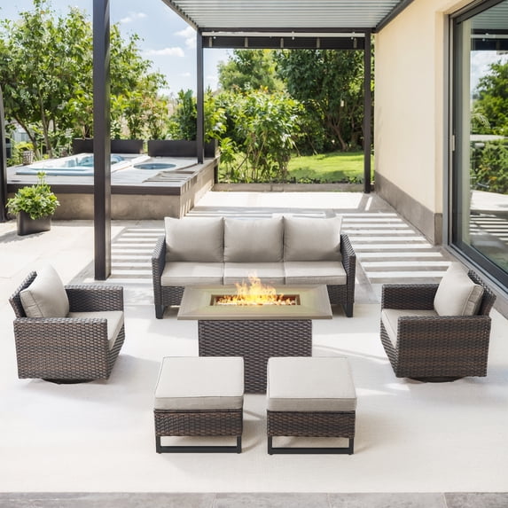 OPOHORO 6-Piece Outdoor Furniture Set with Fire Pit Table - All-Weather Patio Firepit Set with Patio Couch Swivel Chair and Ottoman, Beige Cushion