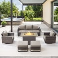 thumbnail image 1 of OPOHORO 6-Piece Outdoor Furniture Set with Fire Pit Table - All-Weather Patio Firepit Set with Patio Couch Swivel Chair and Ottoman, Gray Cushion, 1 of 14