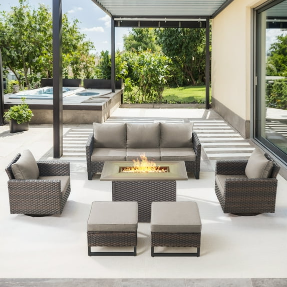 OPOHORO 6-Piece Outdoor Furniture Set with Fire Pit Table - All-Weather Patio Firepit Set with Patio Couch Swivel Chair and Ottoman, Gray Cushion