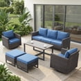 thumbnail image 1 of Opohoro 6 Piece Patio Furniture Set, Outdoor Sectional Conversation Set with Swivel Rocking Chairs, Sofa, Coffee Table & Ottomans, Brown Wicker with Blue Cushions, 1 of 14
