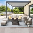 thumbnail image 1 of OPOHORO 6 Pieces Patio Furniture Set with Fire Pit, Outdoor Conversation Set with Gray Wicker Patio Couch, Swivel Chair, Ottoman, and Propane Fire Pit Table, Ideal for Porch Balcony Garden in Beige, 1 of 11
