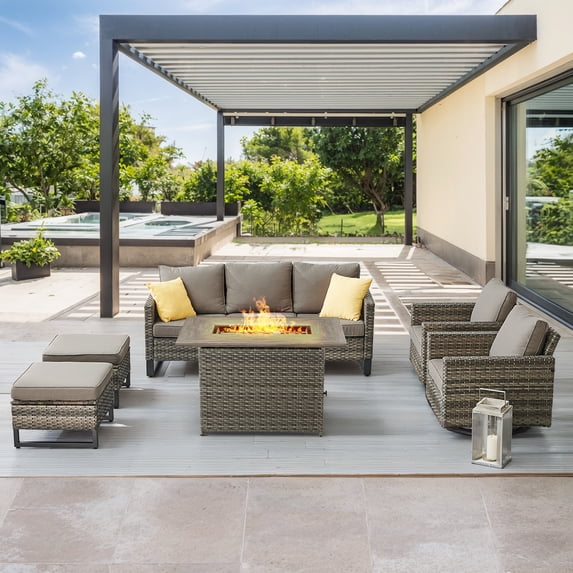 OPOHORO 6 Pieces Patio Furniture Set with Fire Pit, Outdoor Conversation Set with Gray Wicker Patio Couch, Swivel Chair, Ottoman, and Propane Fire Pit Table, Ideal for Porch Balcony Garden in Gray