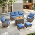 thumbnail image 1 of OPOHORO 6 Pieces Patio Furniture Set with Fire Pit Table, Outdoor Brown Wicker Rattan Furniture with Patio Couch, Swivel Chair, Ottoman and Propane Fire Pit, Ideal for Porch Balcony Garden in Blue, 1 of 16