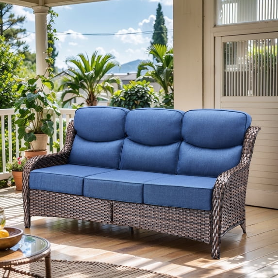 Opohoro 71" Wide Brown Wicker Patio 3-Seat Couch, Weather Resistant Rattan Outdoor Furniture Sofa with Deep Seat for Patio Backyard Porch, Blue Cushion