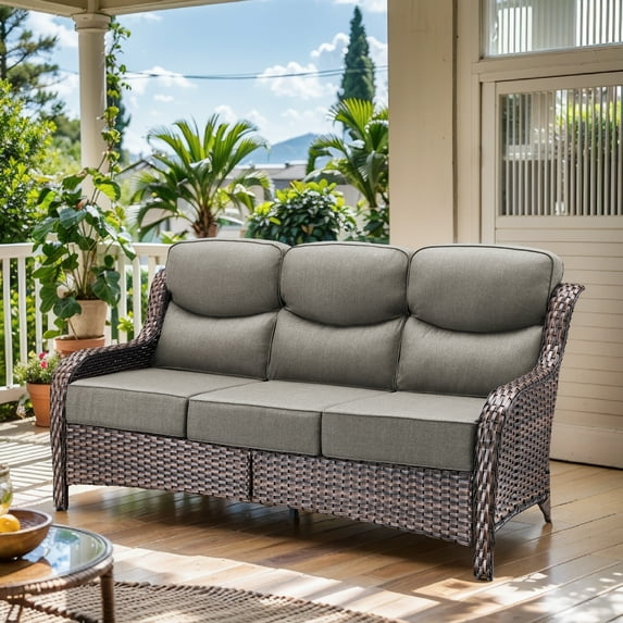 Opohoro 71" Wide Brown Wicker Patio 3-Seat Couch, Weather Resistant Rattan Outdoor Furniture Sofa with Deep Seat for Patio Backyard Porch, Gray Cushion